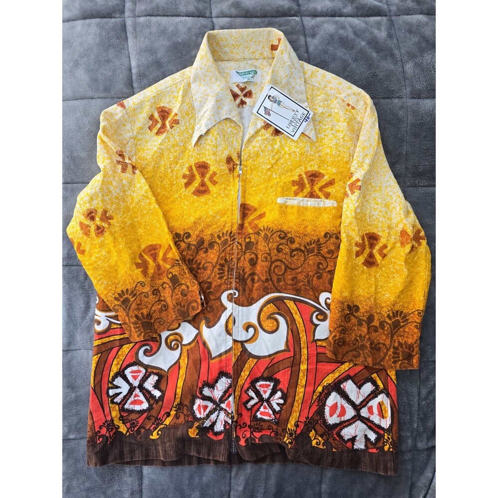 Vintage Waikiki Wear By Mildred Zip Front Jacket Shirt Yellow Brown Graphic M